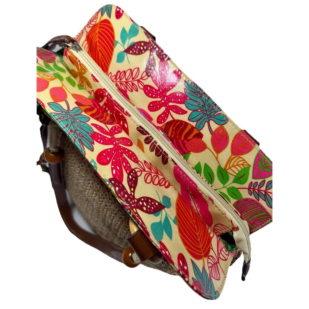 Merona Tropical Floral Straw Shoulder‎ Bag Brown Handles Leaf Charms 13x16 EUC